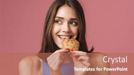  Presentation with chocolate chip cookie - PPT layouts featuring portrait-of-a-young-smiling background and a coral colored foreground