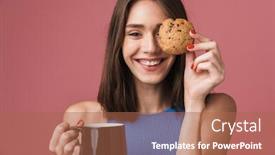  Presentation with chocolate chip cookie - Cool new PPT theme with portrait-of-a-young-smiling backdrop and a coral colored foreground