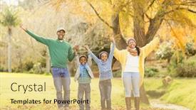  Presentation with family day - Beautiful PPT theme featuring portrait of a young smiling family with arms raised on an autumns day backdrop and a yellow colored foreground