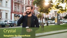  Presentation with man holding phone - Amazing theme having portrait of a young smiling man talking on mobile phone while holding coffee cup and walking on a city street backdrop and a tawny brown colored foreground