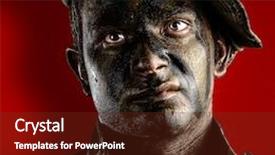  Presentation with soldiers - Colorful slides enhanced with portrait of a young soldiers face with jungle camouflage over a red background backdrop and a tawny brown colored foreground