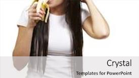  Presentation with banana - Audience pleasing slides consisting of portrait of a young woman eating a banana over a white background backdrop and a light gray colored foreground