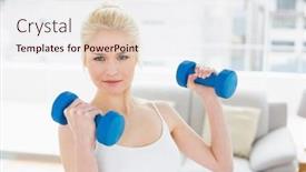  Presentation with fitness - PPT layouts enhanced with portrait of a young woman with dumbbells at fitness studio background and a lemonade colored foreground