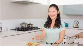  Presentation with salad - PPT layouts with portrait-of-a-young-woman background and a soft green colored foreground