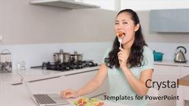  Presentation with eating - PPT theme with portrait-of-a-young-woman background and a coral colored foreground