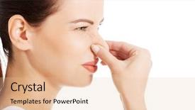  Presentation with smell - Colorful slide deck enhanced with portrait of a young woman holding her nose because of a bad smell backdrop and a lemonade colored foreground