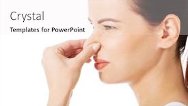  Presentation with smell - Presentation theme consisting of portrait of a young woman holding her nose because of a bad smell background and a sky blue colored foreground