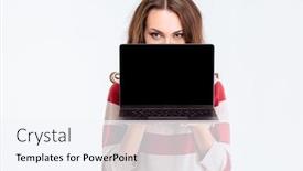  Presentation with laptop blank screen - Audience pleasing PPT layouts consisting of portrait of a young woman covering face with blank laptop computer screen isolated on a white background backdrop and a sky blue colored foreground