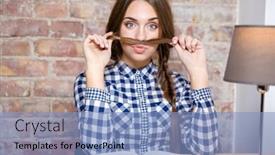  Presentation with hair - Slide set consisting of portrait of a young woman sitting at the table with book and making a mustache with her hair background and a light blue colored foreground