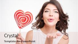  Presentation with lollipop - PPT theme with portrait of a young woman holding lollipop and blowing kiss at camera isolated on a white background background and a lemonade colored foreground