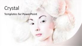  Presentation with spheres - Amazing PPT theme having portrait of a young woman with big spheres of white hair and pink make up stylized like marshmallow backdrop and a white colored foreground