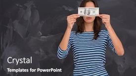  Presentation with chalk board - PPT theme enhanced with portrait of a young woman holding a banknote in front of chalk drawing board background and a dark gray colored foreground