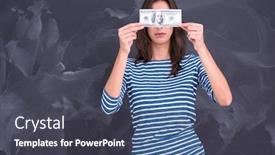  Presentation with chalk board - Beautiful theme featuring portrait of a young woman holding a banknote in front of chalk drawing board backdrop and a dark gray colored foreground