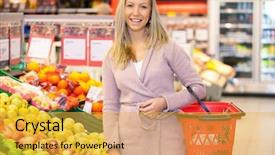  Presentation with supermarket - Colorful slide deck enhanced with portrait of a young woman smiling while buying fruits in the supermarket backdrop and a yellow colored foreground