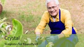  Presentation with elderly asian - Theme with portrait of active asian elderly background and a yellow colored foreground