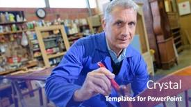  Presentation with carpenter - Theme featuring portrait of active senior carpenter sitting at his workshop background and a royal blue colored foreground