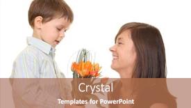  Presentation with mother son flowers - Presentation theme featuring portrait of adorable family - mother and son with flowers isolated on white background and a coral colored foreground