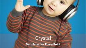  Presentation with blue music - Cool new presentation theme with portrait of adorable kid with headphones listening to music against a blue background backdrop and a tawny brown colored foreground