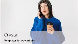  Presentation with takeaway coffee - PPT theme consisting of portrait of adorable woman 30s wearing winter hat talking on cell phone and drinking takeaway coffee while standing isolated over white background background and a white colored foreground