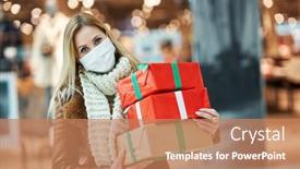  Presentation with mall - Slide deck featuring portrait-of-adult-woman-shopping background and a coral colored foreground