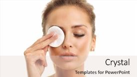  Presentation with cotton - Slide deck consisting of portrait of adult woman smiling and using cotton pad against white background background and a lemonade colored foreground