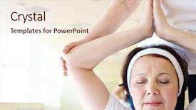  Presentation with female sport - Slide deck having portrait of aged female doing yoga exercise in sport gym background and a lemonade colored foreground