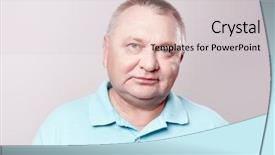  Presentation with retirement - Cool new slide deck with portrait of aged man wearing blue shirt against white background - retirement concept backdrop and a light gray colored foreground