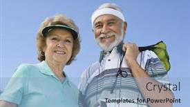  Presentation with court - Beautiful slides featuring portrait of an active senior couple on the tennis court backdrop and a light blue colored foreground