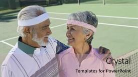  Presentation with court - Beautiful slides featuring portrait of an active senior couple on the tennis court backdrop and a soft green colored foreground