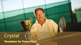  Presentation with 70s - Presentation enhanced with portrait of an active senior man in his 70s on the tennis court background and a tawny brown colored foreground