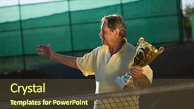  Presentation with 70s - Presentation enhanced with portrait of an active senior man in his 70s on the tennis court background and a tawny brown colored foreground