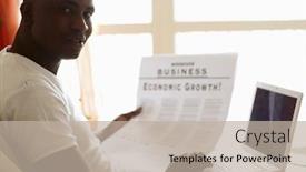  Presentation with newspaper laptop - PPT layouts enhanced with portrait of an african american with newspaper and laptop background and a mint green colored foreground