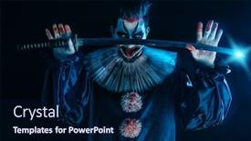  Presentation with horror - Presentation design having portrait of an angry crazy clown from a horror film with a katana halloween carnival background and a navy blue colored foreground
