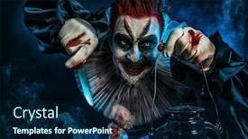  Presentation with horror - Beautiful presentation theme featuring portrait of an angry crazy clown from a horror film with a lantern halloween carnival backdrop and a navy blue colored foreground