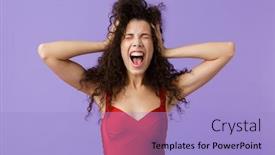  Presentation with hair dress - Cool new presentation theme with portrait of an angry woman with dark curly hair wearing red dress isolated over violet background screaming loud backdrop and a light blue colored foreground