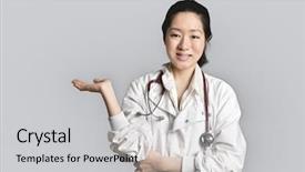 Presentation with asian doctor - Cool new PPT theme with portrait of an asian female doctor displaying an invisible product over gray background backdrop and a light gray colored foreground