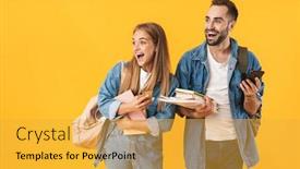  Presentation with students - Cool new PPT theme with portrait of an attractive cheerful young students couple wearing backpacks standing isolated over yellow background using mobile phones holding books backdrop and a yellow colored foreground