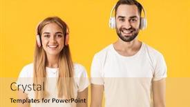  Presentation with yellow music - Amazing presentation design having portrait of an attractive cheerful young couple wearing casual clothing standing isolated over yellow background listening to music with headphones looking at camera backdrop and a coral colored foreground