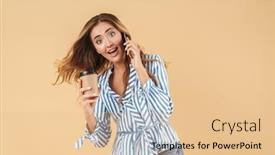  Presentation with takeaway coffee - Slide set enhanced with portrait of an attractive excited young woman with long curly blonde hair wearing casual clothing standing isolated over beige background holding takeaway coffee cup while talking on mobile phone background and a lemonade colored foreground