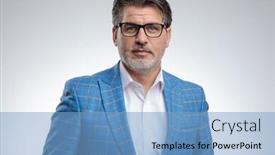  Presentation with blue formal - Presentation theme with portrait of an attractive formal business man wearing a light blue suit and eyeglasses standing and looking at camera confident against gray studio background background and a light blue colored foreground