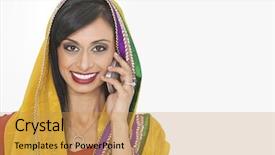  Presentation with indian traditional - Beautiful PPT layouts featuring portrait of an attractive indian woman in traditional wear answering phone call over gray background backdrop and a yellow colored foreground