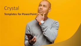  Presentation with man holding phone - Audience pleasing PPT layouts consisting of portrait-of-an-attractive-pensive backdrop and a gold colored foreground