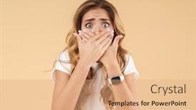  Presentation with long hair - Colorful slide set enhanced with portrait of an attractive shocked young woman with long curly blonde hair wearing casual clothing standing isolated over beige background covering mouth with hands backdrop and a coral colored foreground
