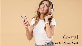  Presentation with listening woman - Presentation design with portrait of an attractive smiling young woman with long curly blonde hair wearing casual clothing standing isolated over beige background listening to music with headphones holding mobile phone background and a lemonade colored foreground