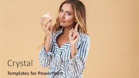  Presentation with dessert - Presentation design enhanced with portrait of an attractive smiling young woman with long curly blonde hair wearing casual clothing standing isolated over beige background showing sweet dessert background and a lemonade colored foreground