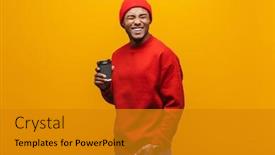  Presentation with takeaway coffee - Colorful slide set enhanced with portrait-of-an-attractive-smiling backdrop and a gold colored foreground