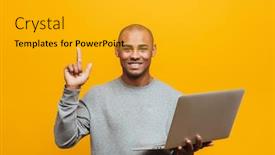  Presentation with young man holdng laptop on lap money - Slide deck having portrait-of-an-attractive-smiling background and a gold colored foreground