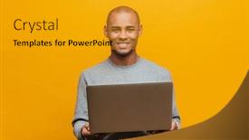  Presentation with confident - Audience pleasing PPT theme consisting of portrait-of-an-attractive-smiling backdrop and a gold colored foreground