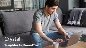  Presentation with computer room - PPT theme having portrait-of-an-attractive-smiling background and a dark gray colored foreground