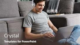  Presentation with laptop wireless - PPT layouts consisting of portrait-of-an-attractive-smiling background and a tawny brown colored foreground